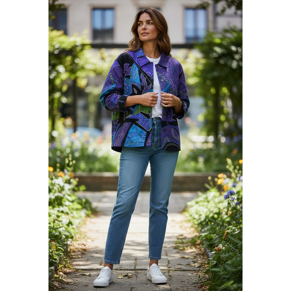 5036)Chico's Multicolor Multimedia Artsy Boho Patchwork sequin Jacket Sz 2(Large